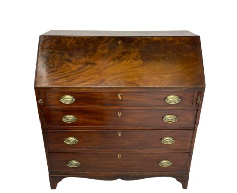 George III figured mahogany bureau, the fall front enclosing satinwood interior of small drawers, cupboards and pigeon holes,