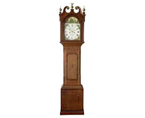 An oak and mahogany longcase clock by William Hewson, Lincoln c 1860, with a swans neck pediment, ball and spire finials and 