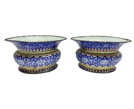 Pair of 19th century painted enamel jardinieres, of squat gu form, decorated with scrolling foliate bands, between stiff leaf