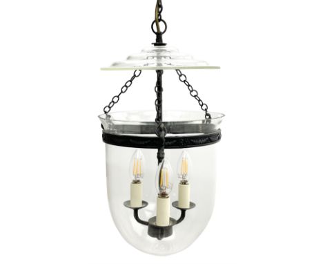 Vaughan Designs - Regency design bronzed metal and glass hall lantern, three branch light in glass bell, the band decorated w