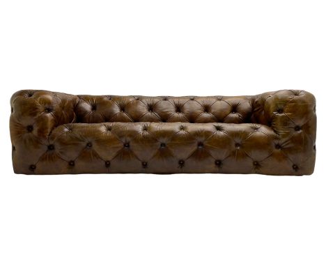 Three seat Chesterfield type club sofa, upholstered in deeply button Brazilian tan brown leatherDimensions: Height:&nbsp;71cm