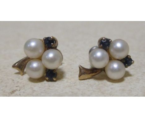 A pair of pearl and sapphire cluster ear studs  