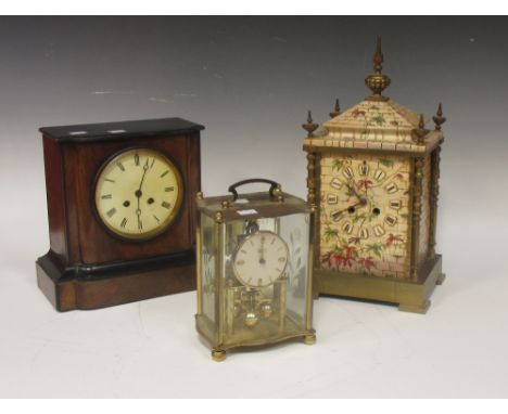 A ceramic faux brick cased mantle clock and two other clocks (3)  
