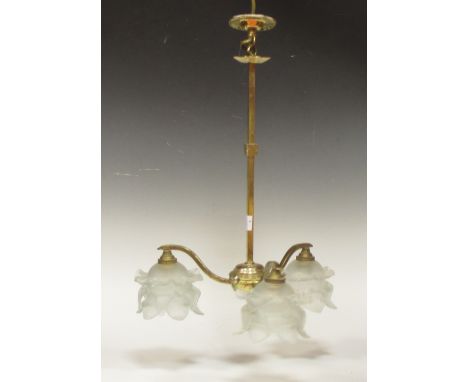 A modern brass five branch chandelier with glass shades, also a modern opaque glass and brass mounted lantern, another, a sin