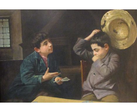 French School (19th Century), Two boys playing cards, signed indistinctly lower right, oil on canvas, 36 x 50cm  Relined and 