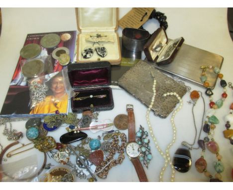 A 9ct gold chain, a silver cigarette case, a silver card case a/f, a 9ct gold cased lady's 'Eterna' wristwatch, various costu