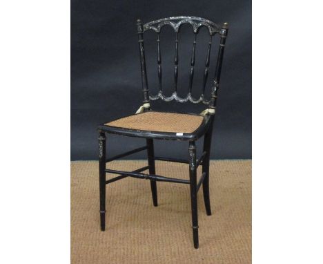 A mid-Victorian burr yew wood veneered sewing table and a Victorian black laquer chair with mother of pearl inlays (2)  