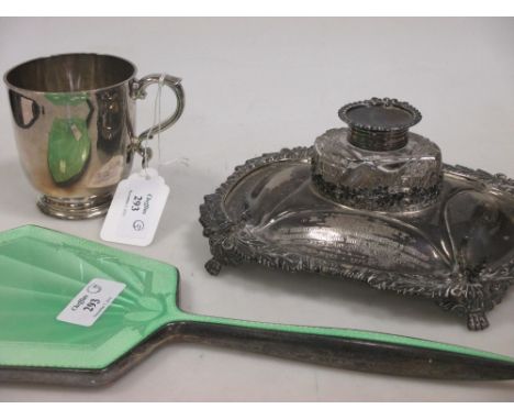 A Victorian silver Christening mug, a silver desk stand and a silver & enamel dressing mirror  