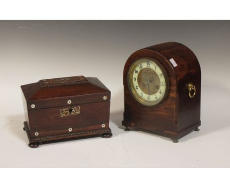 A Victorian rosewood and mother of pearl inlaid tea caddy, a mentle clock and a set of scales (3)  