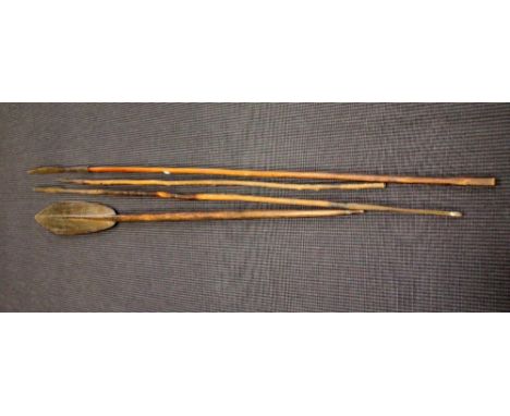 A carved tribal paddle, and three assegais with iron tips, largest 211cm; together with a late 19th/early 20th century Indian