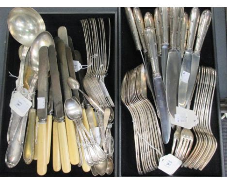 Six table forks and spoons, three serving tools, teaspoons, steel knives and twelve 'Platineta' knives, forks and spoons  