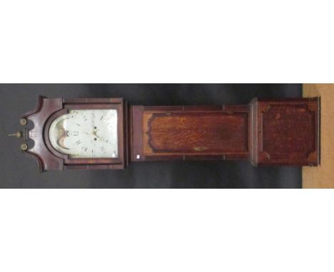 A George IV oak and mahogany longcase clock with 8 day movement, painted arched dial and moonphase, 216cm high  