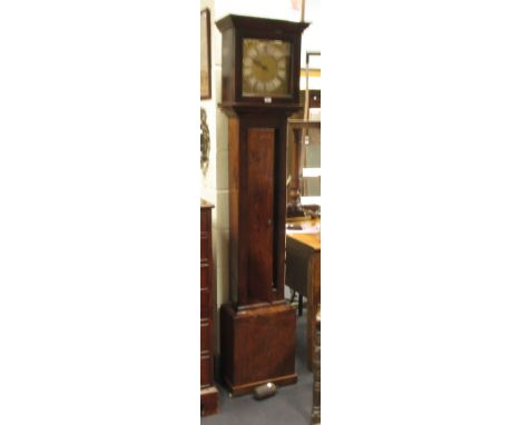 An early 18th century 30 hour oak longcase clock, 10.5inch square brass dial signed 'Wright, Warwick', 4 pillar movement with