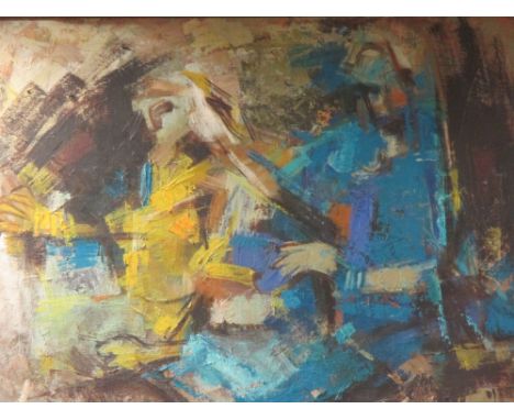 Modern Indian School (20th Century)  Seated woman playing a musical instrument signed indistinclty lower left oil on canvas 6