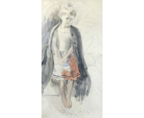 § Monica Rawlins (Welsh, 1903-1990) Study of a small Gypsy Girl in a red skirt and black cloak pencil and watercolour on pape