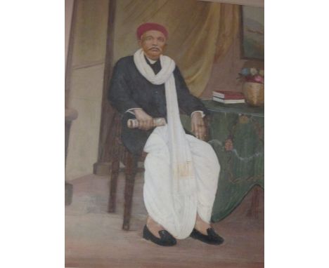 An oil portrait of an Indian dignitary seated  