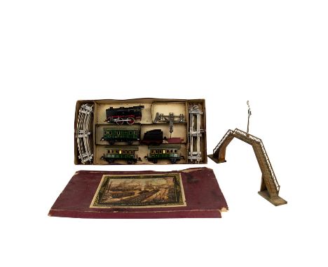   MÄRKLIN Starterset aus Lok und 3 Wagons, Spur 0, 1937-1954,   bestehend aus schwarzer Schlepptenderlok "R 910" mit Uhrwerka