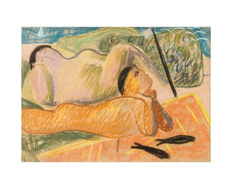   WÖRN, WALTER (Stuttgart 1901-1963), "Liegendes Paar am Strand",   u.li. monogrammiert und datiert 'Wö 57', Farbkreide/hellb