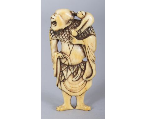 A JAPANESE EDO/MEIJI PERIOD IVORY NETSUKE OF A STANDING SENNIN, a monkey perched on his shoulder, 2.9in high.