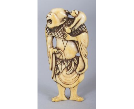 A JAPANESE EDO/MEIJI PERIOD IVORY NETSUKE OF A STANDING SENNIN, a monkey perched on his shoulder, 2.9in high.