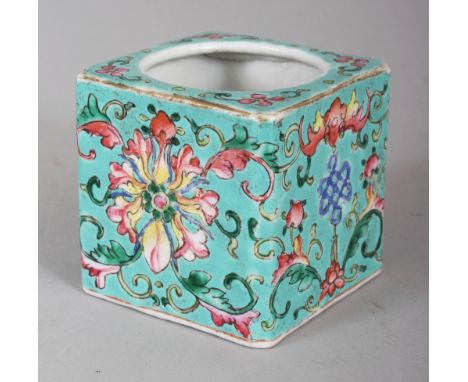 A 19TH CENTURY CHINESE TONGZHI MARK & PERIOD TURQUOISE GROUND FAMILLE ROSE CUBE FORM PORCELAIN WATER POT, painted with bats a