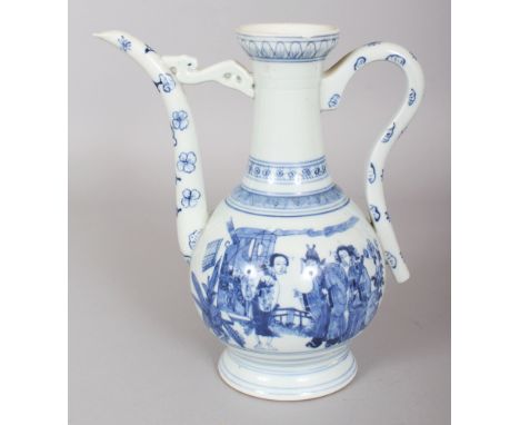 A CHINESE BLUE & WHITE PORCELAIN EWER, painted with calligraphy and with a scene of figures conversing in a garden terrace, t