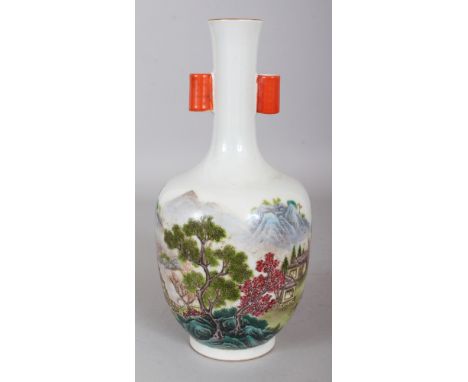 AN 18TH CENTURY STYLE FAMILLE ROSE PORCELAIN ARROW VASE, decorated with a mountainous river landscape, the base with a Qianlo