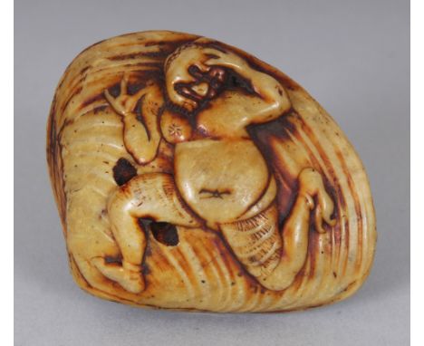 A JAPANESE STAINED IVORY-STYLE SHELL FORM NETSUKE, 2in wide.