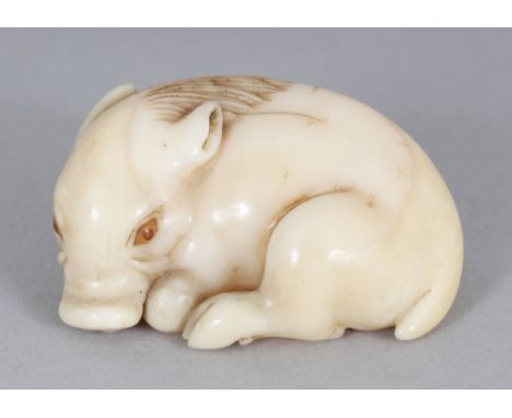 A GOOD QUALITY SIGNED JAPANESE MEIJI PERIOD IVORY NETSUKE OF A BOAR, with inlaid eyes, the base with an engraved signature in