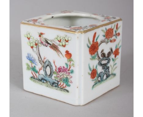 ANOTHER 19TH CENTURY CHINESE TONGZHI MARK & PERIOD FAMILLE ROSE CUBE FORM PORCELAIN WATER POT, painted with scenes of birds, 