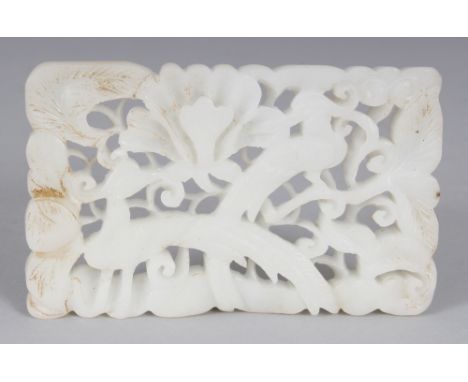 A CHINESE WHITE JADE-LIKE RECTANGULAR PLAQUE, with pierced decoration of Golden Pheasants and lotus, 3.6in x 2.25in.