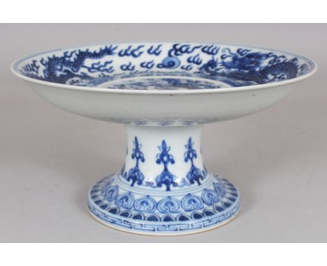 A CHINESE BLUE & WHITE PORCELAIN DRAGON TAZZA, the base with an extended six-character Kangxi mark, 8.2in diameter & 4.25in h