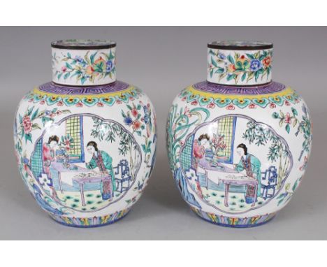 A PAIR OF CHINESE CANTON ENAMEL JARS & COVERS, each decorated with quatrefoil figural panels, each base with a Qianlong seal 