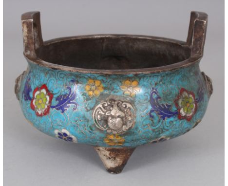 A CHINESE CLOISONNE TRIPOD CENSER, the base cast with a four-character Qianlong mark, 6.5in wide at widest point & 5.5in diam