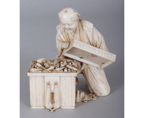 A FINE QUALITY SIGNED JAPANESE IVORY OKIMONO OF A KNEELING STREET VENDOR, raised the lid from a lattice woven basket that con