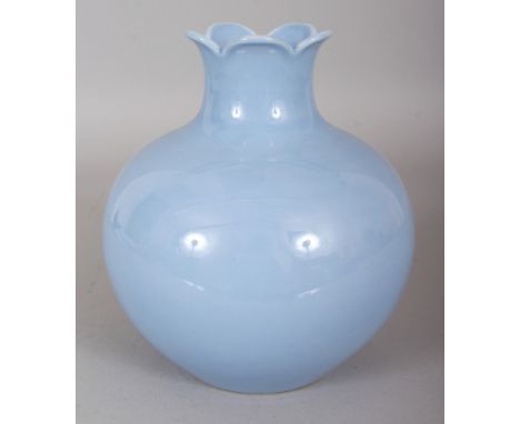 A CHINESE CLAIRE-DE-LUNE PORCELAIN VASE, of bulbous form with a frilled-edge neck, the base with a Qianlong seal mark, 6.75in