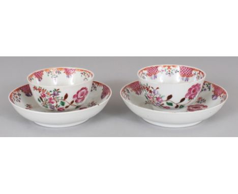 A PAIR OF 18TH CENTURY CHINESE FAMILLE ROSE PORCELAIN TEABOWLS & SAUCERS, painted in predominantly puce enamelling with loose