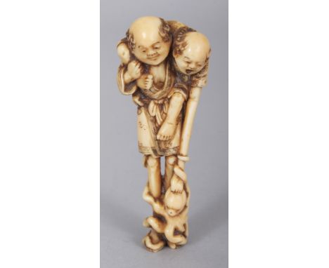 A GOOD QUALITY SIGNED JAPANESE EDO STYLE MEIJI PERIOD IVORY NETSUKE OF ASHINAGA & TENAGA, the latter seated on his friend’s s