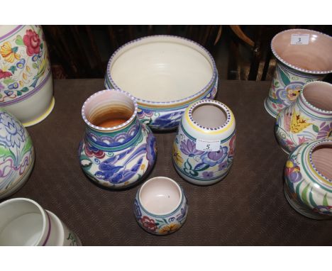 A Poole pottery Carter Stabler Adams "Bluebird" pattern bowl; a similar baluster vase; a smaller vase and a posy pot 