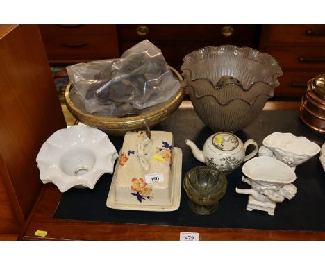 An early 20th Century pendant ceiling light; a pair of light shades; a 19th Century tea pot AF; white glazed cherub ornaments