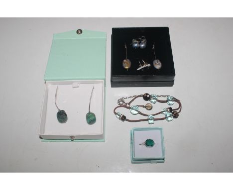 Three pairs of 925 silver ear-rings;  a silver dress ring set with green stone; a pair of silver Tigers Eye ear-rings; and a 