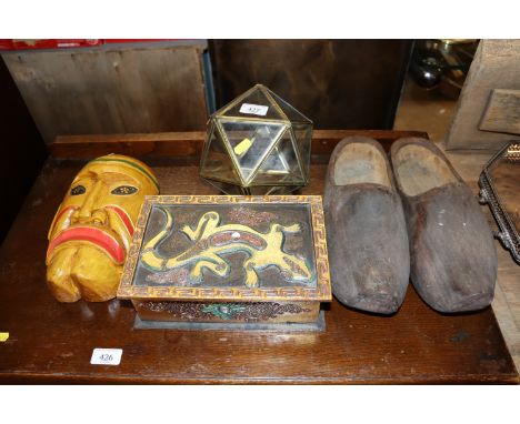 A pair of wooden clogs; a painted face mask; a gilt decorated trinket box etc.