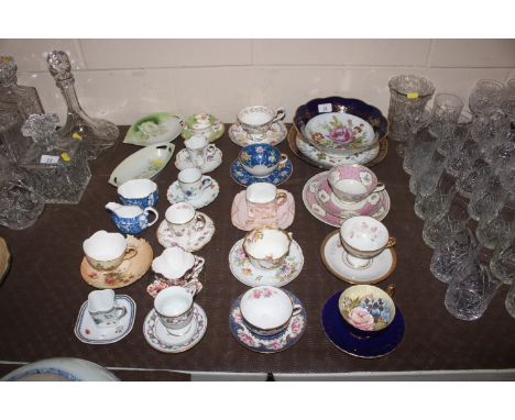 A collection of various tea cups and saucers including Aynsley, Spode, Royal Worcester etc. a floral decorated fruit bowl and