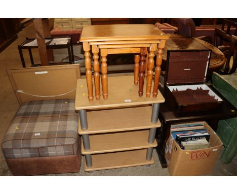 A nest of three pine coffee tables; and a three tier shelf unit 