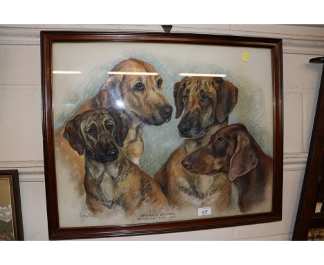 Marjorie Cox, "Sharna, Sheba, Tarka and Lisa 1978", framed and glazed canine portrait