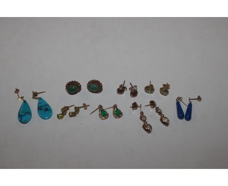 Eight pairs of various stone set 9ct gold ear-rings including emerald, peridot, ruby, lapis lazuli etc. approx.13gms total we