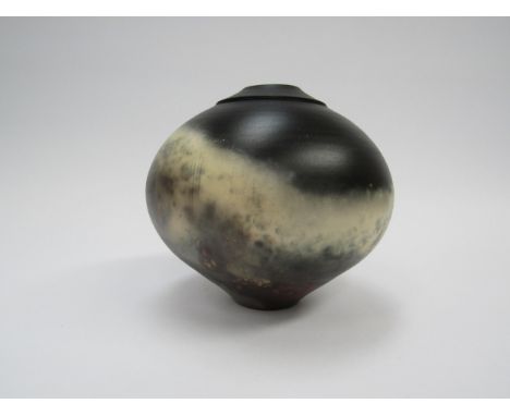 A studio pottery raku glaze vase of globe form with impressed potters mark to base, 14cm 