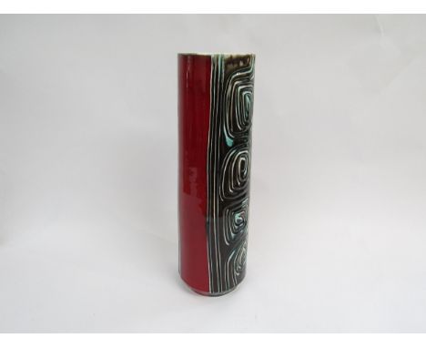 A large Poole Pottery Delphis stick stand/vase of cylindrical form, incised detail with black, green and red glazes. 40.5cm h