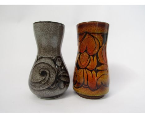 Two Poole Aegean pattern vases in ochre and red and grey and black. Impressed and incised marks to bases. Tallest 23.5cm 