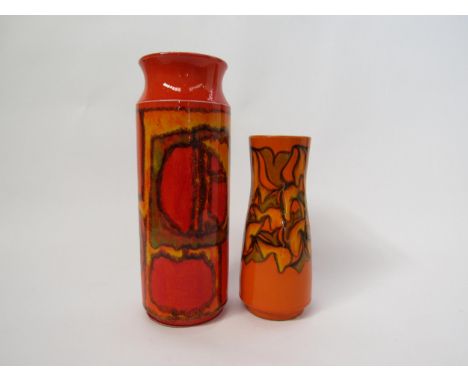 A Poole Delphis tall vase by Carol Cutler in orange, yellow and green and a smaller vase by Judi Evans. Tallest 32cm 